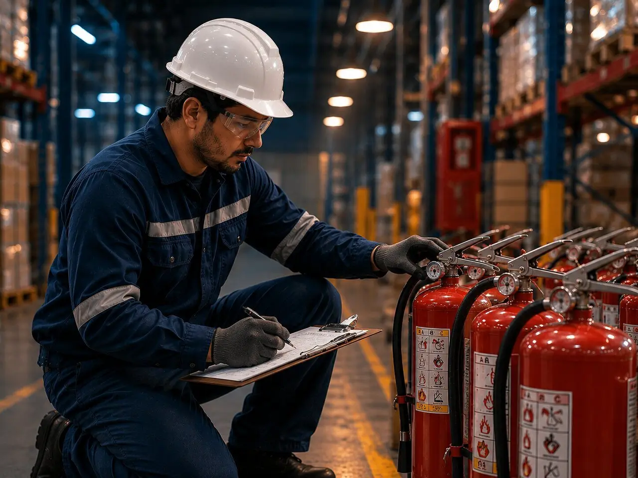 Técnico de rodillas anota en un portapapeles los datos de varios extintores