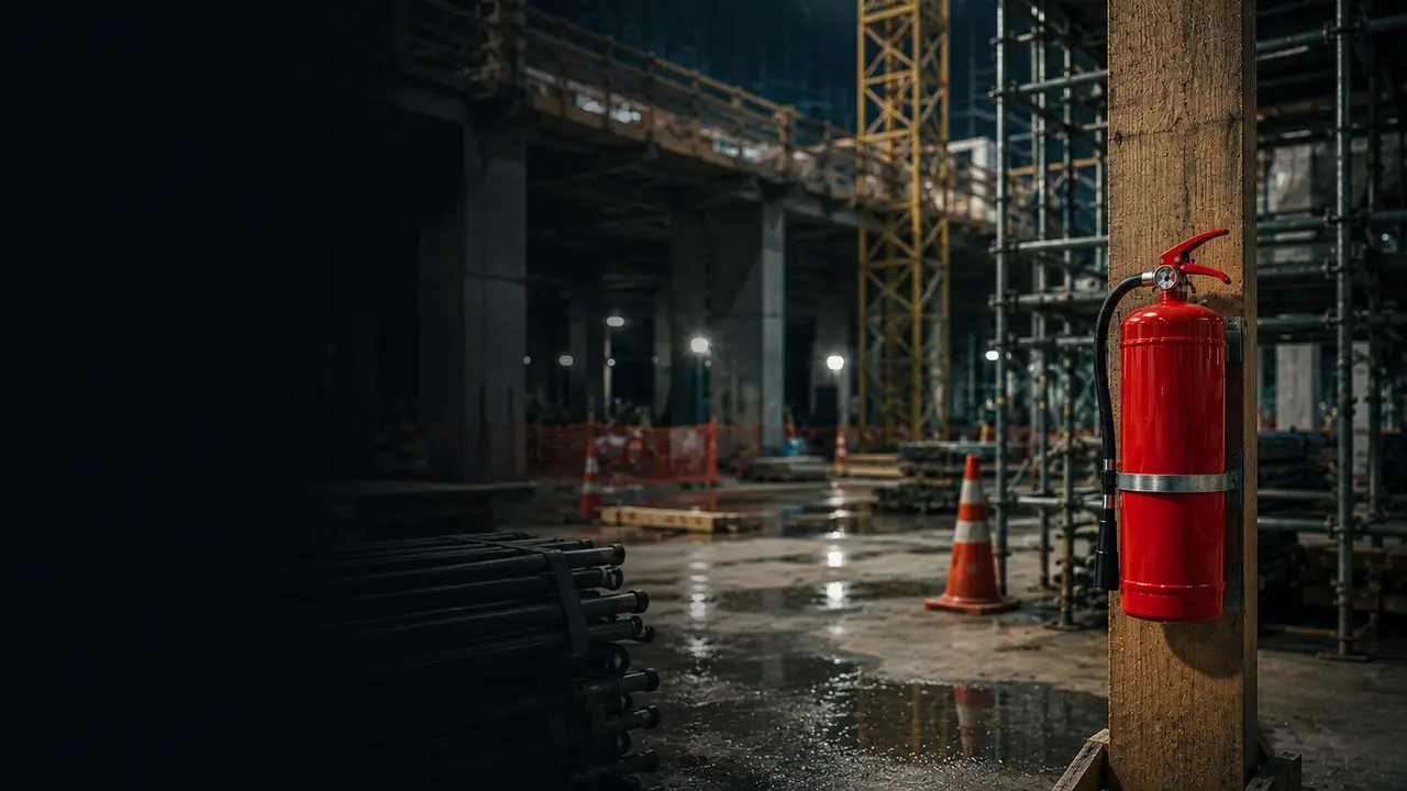 Extintor en una columna de una obra en construcción