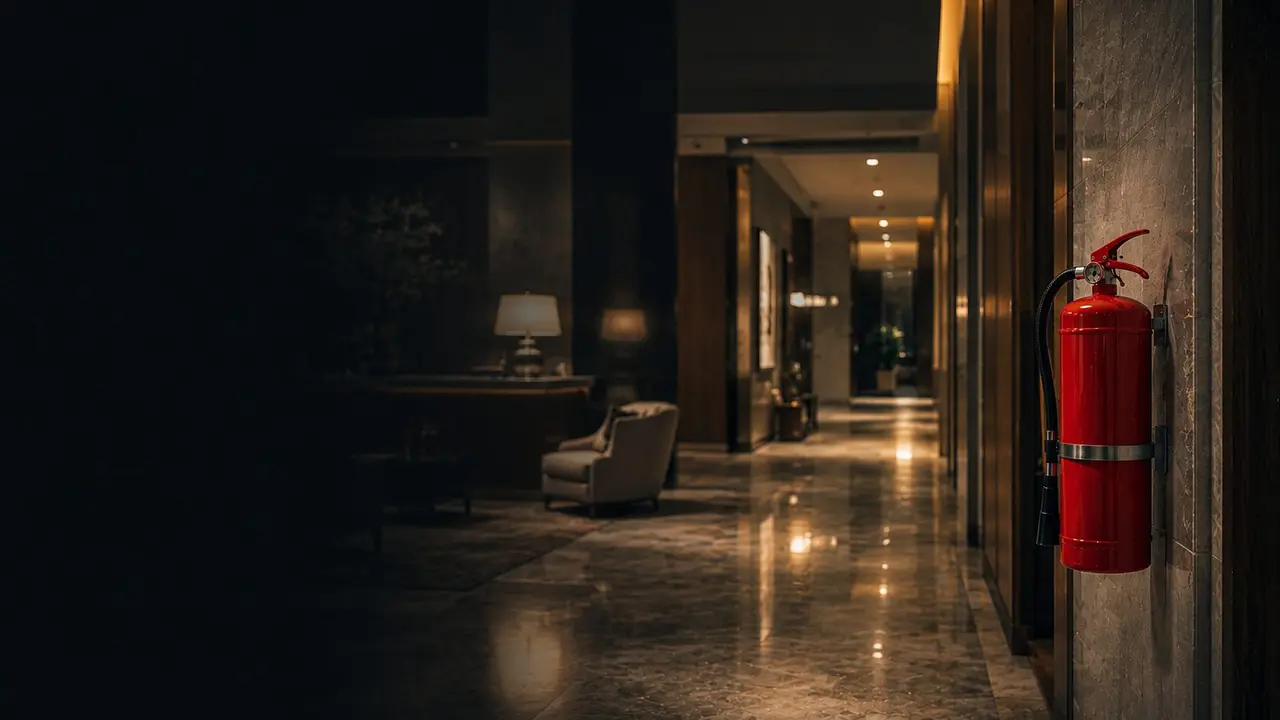 Extintor en el pasillo de un hotel