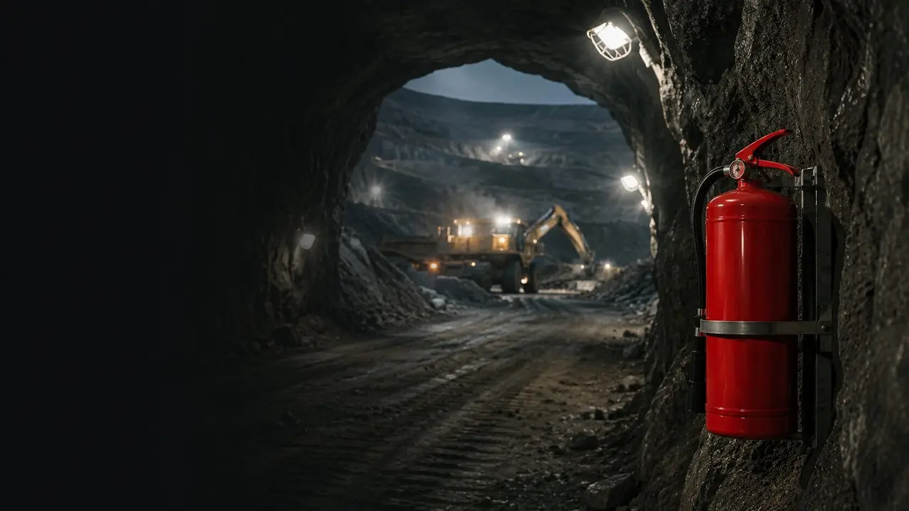 Extintor en la pared de un túnel minero