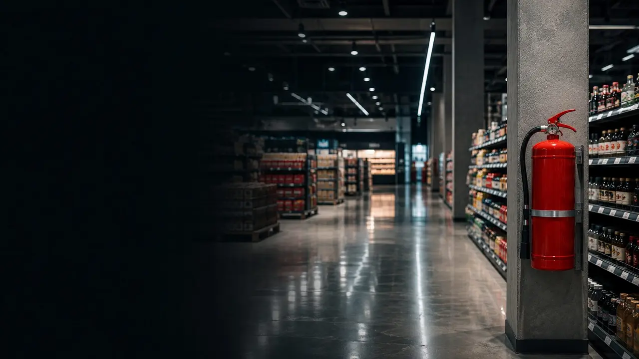 Extintor en una columna de un supermercado
