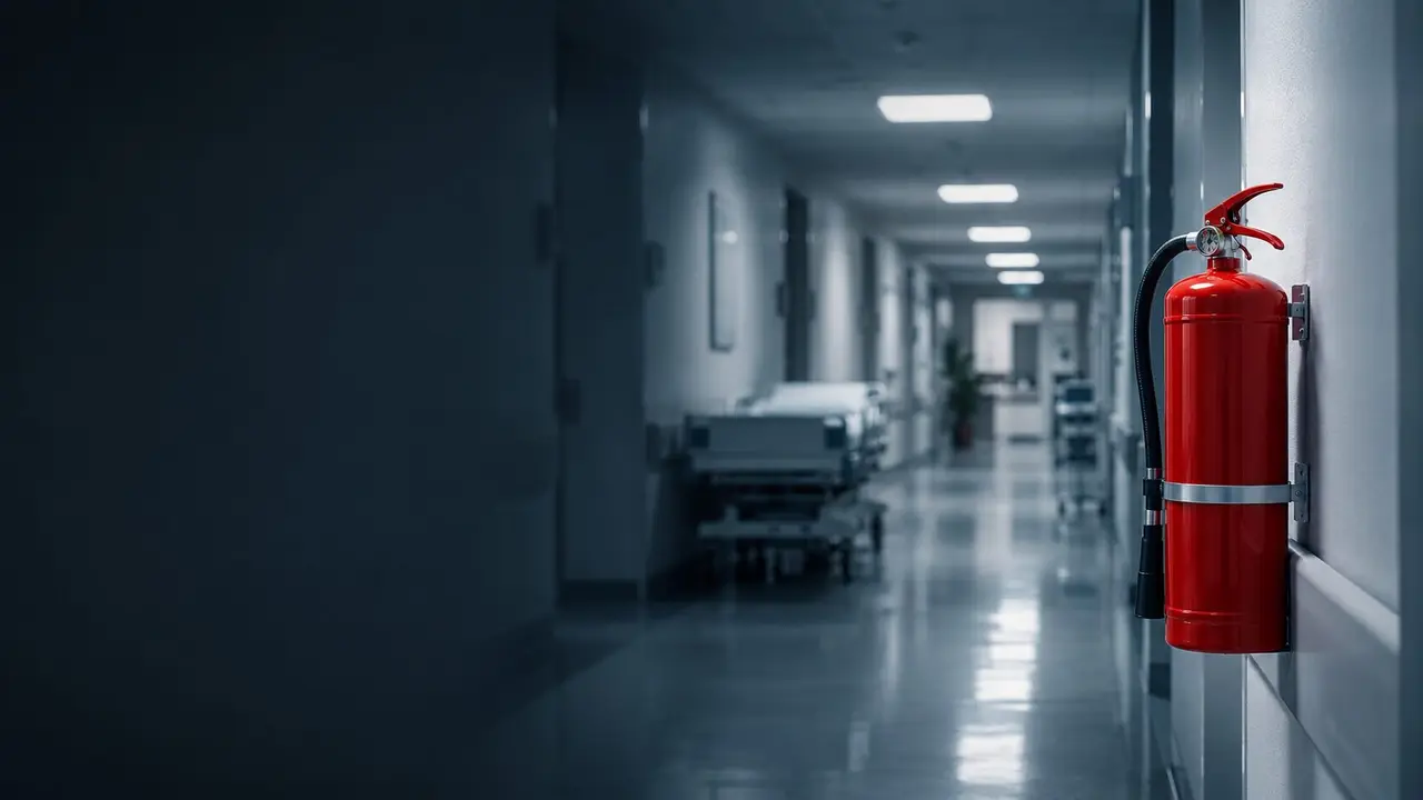 Extintor en el pasillo de una clínica