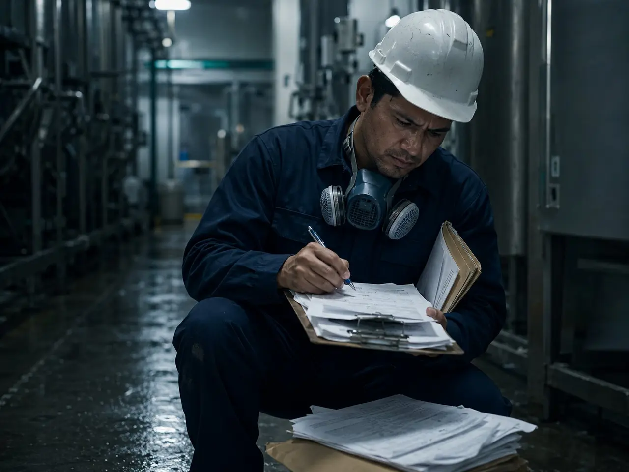 Técnico con casco y mascarilla llena un registro en papel en una planta