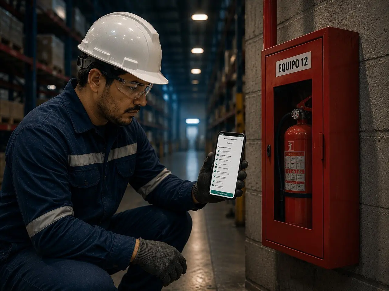 Técnico revisa en el celular un extintor dentro de su gabinete rotulado «Equipo 12»