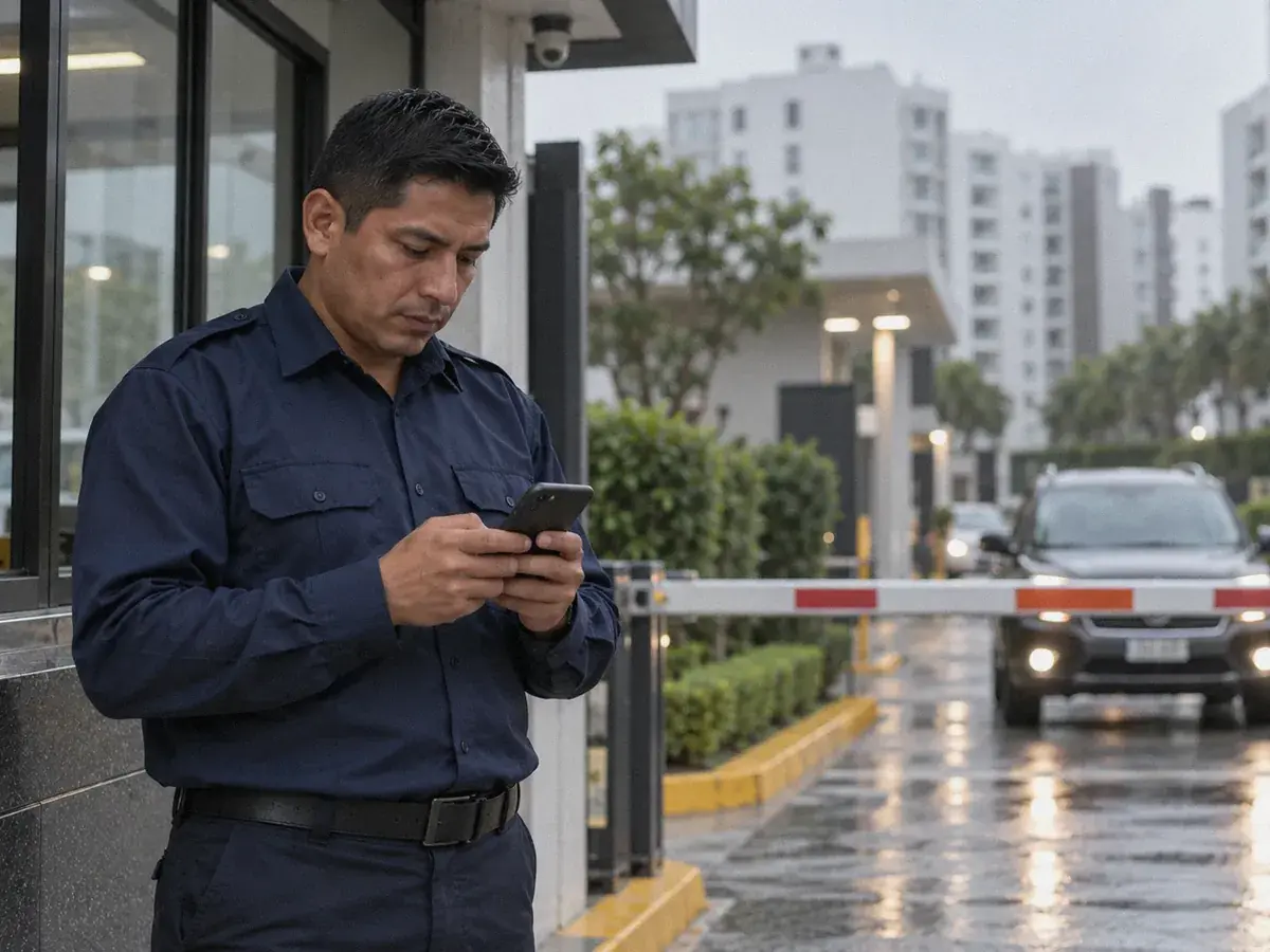 Agente de seguridad revisa el celular en la garita de un condominio